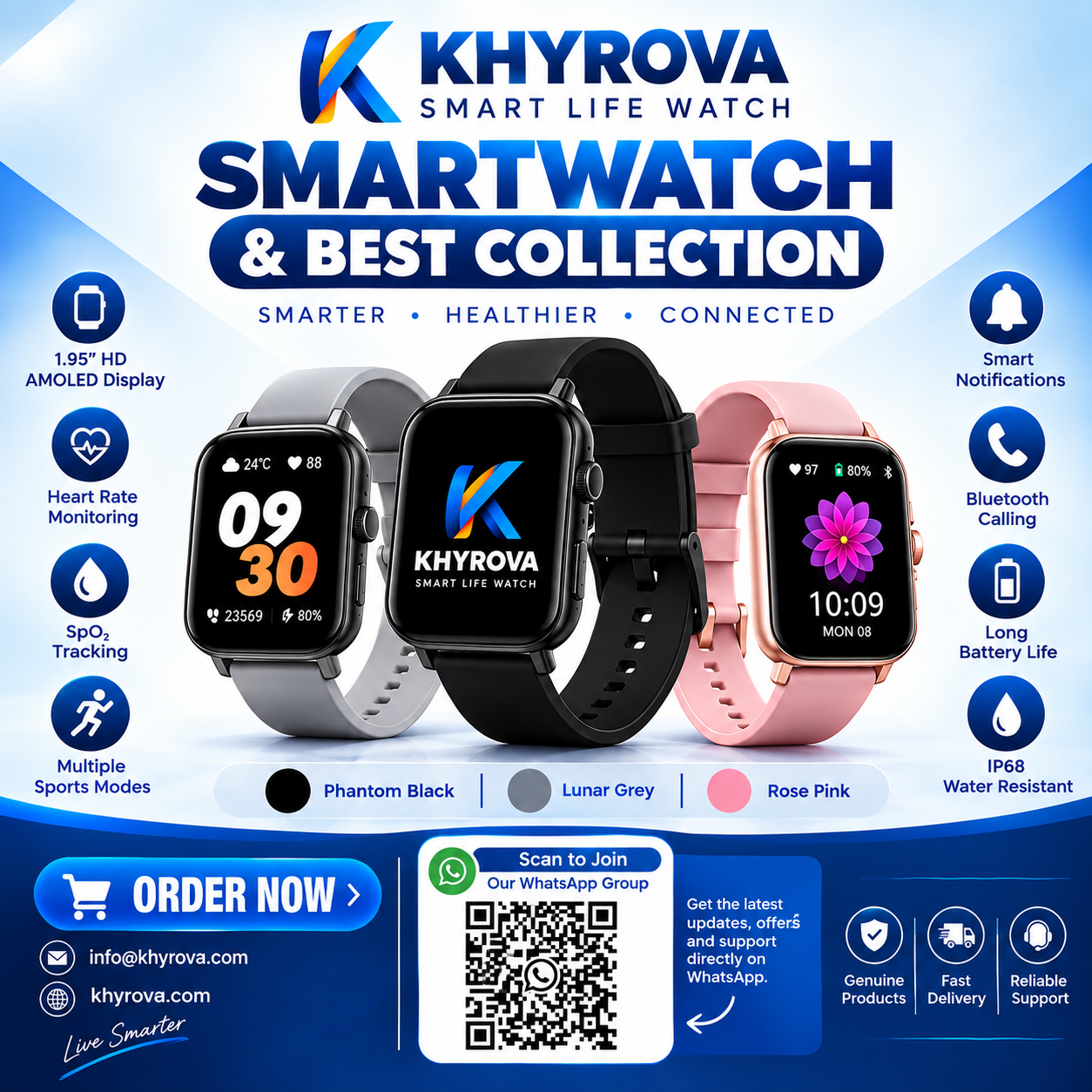 Khyrova Smart Life Watch — waterproof fitness tracker with heart rate and SpO₂ monitoring